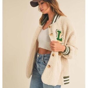 Mable Sherpa Varsity Jacket with Green Trim